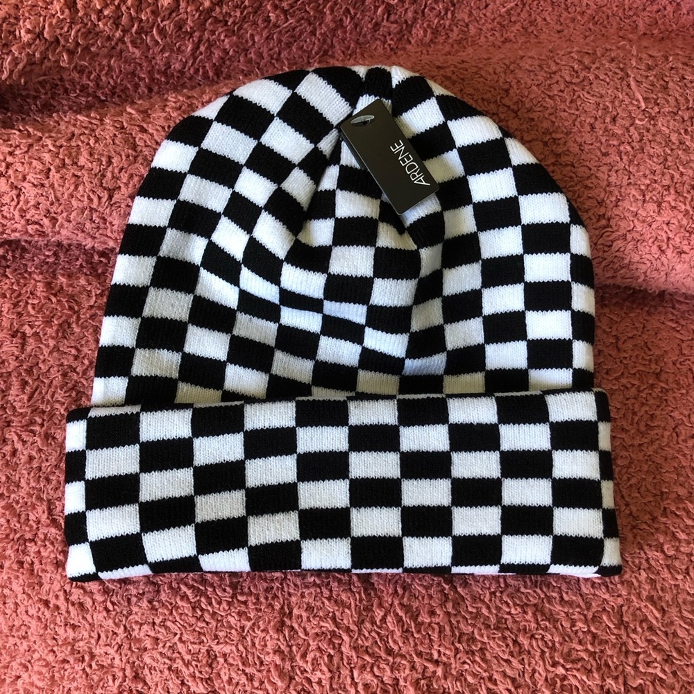 Adrienne Black & White Checkerboard Knit Beanie